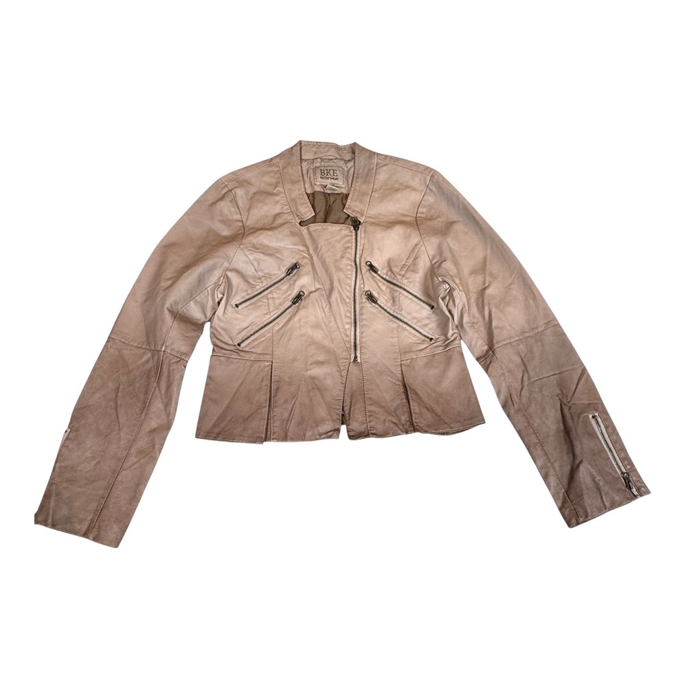 BKE Y2K Moto Jacket Large Beige Ombre Faux Leather Buckle‎ 2000s Biker Style